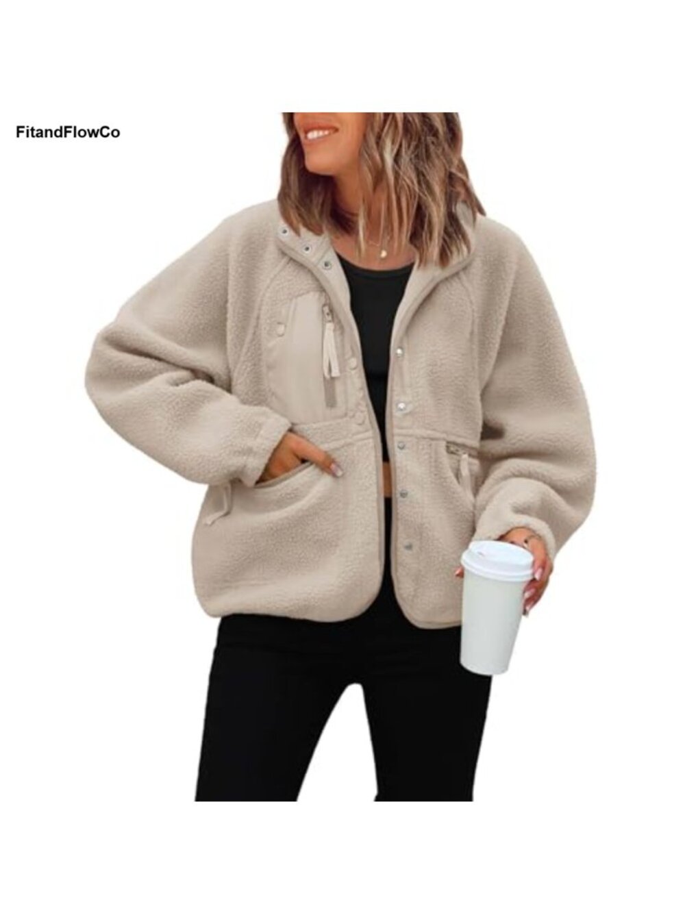 Cropped Fuzzy Fleece Button Down Jacket Loose Fit